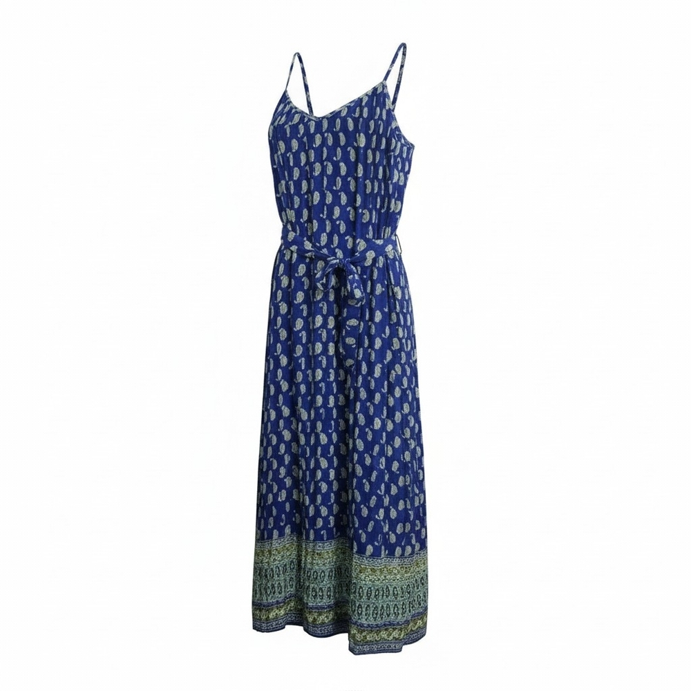 Magic Blue Paisley Maxi Dress L Boho Cottagecore Bohemian Tie Waist Cami